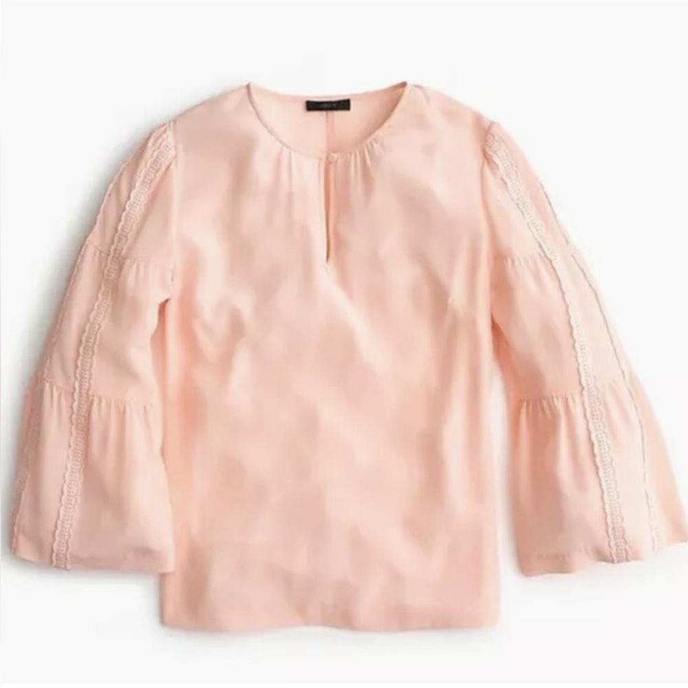 NWT J. Crew Peach Silk Lace-Trim Long Sleeve Blouse